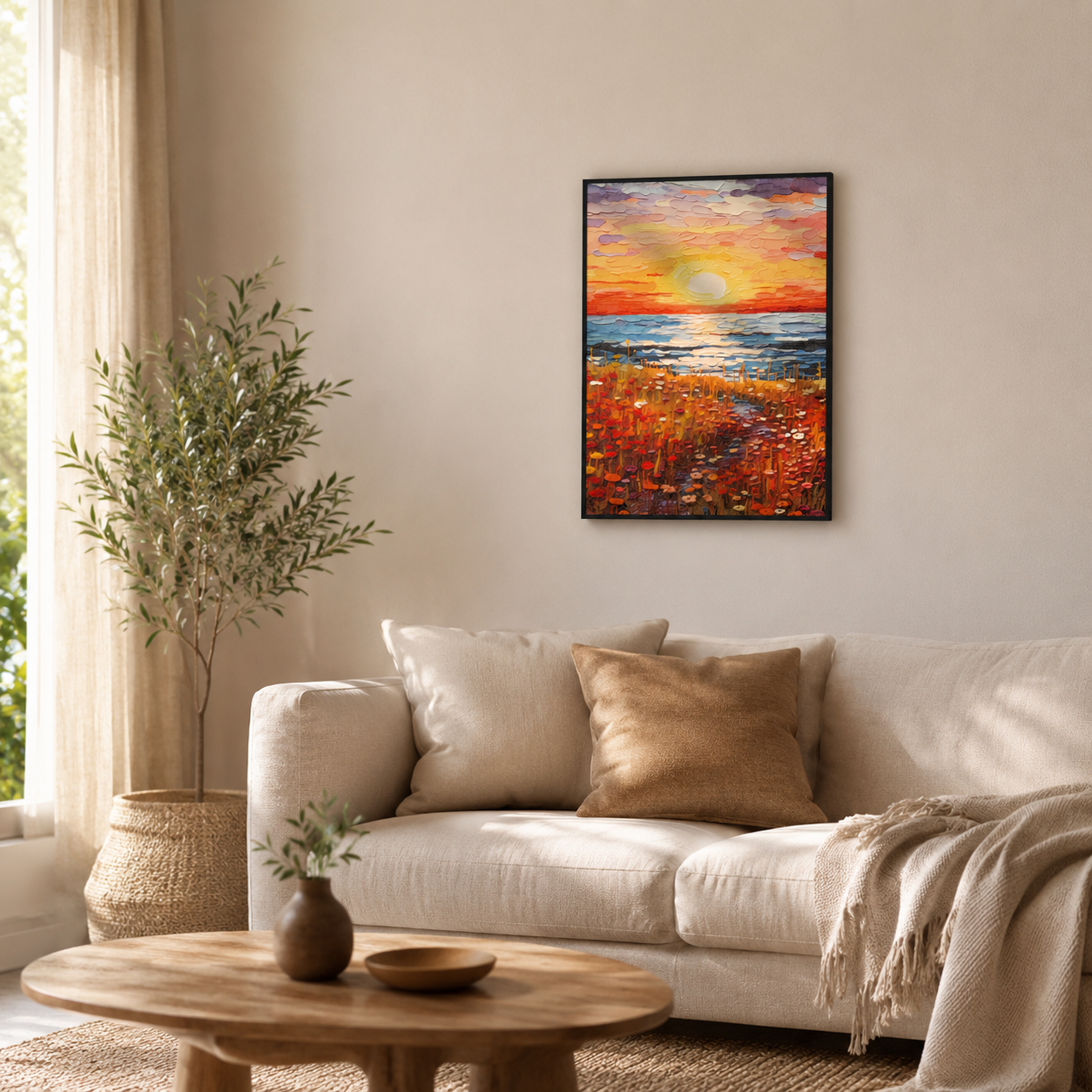 Vibrant Impasto Sunset Flower Field