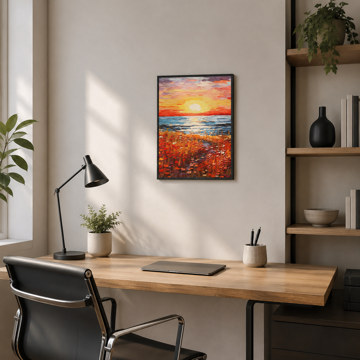 Vibrant Impasto Sunset Flower Field