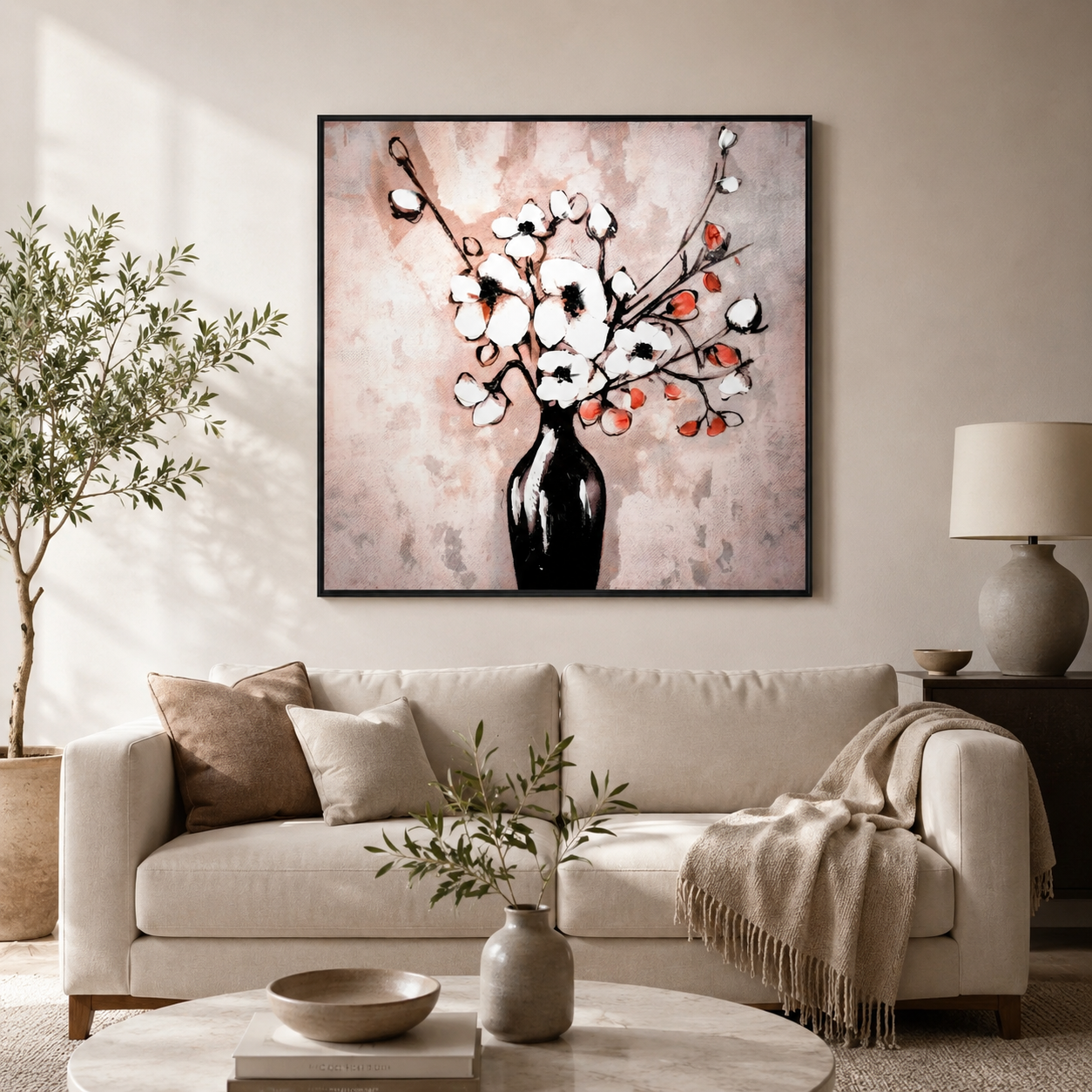 White Flowers in Black Vase