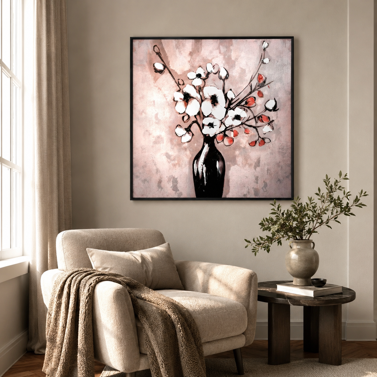 White Flowers in Black Vase