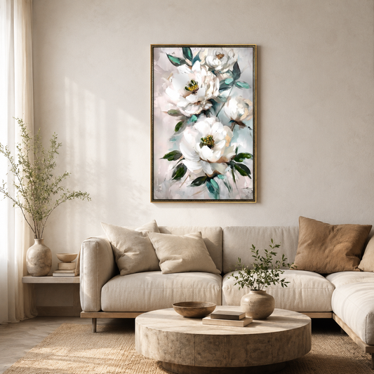 White Peony with Green Leaves