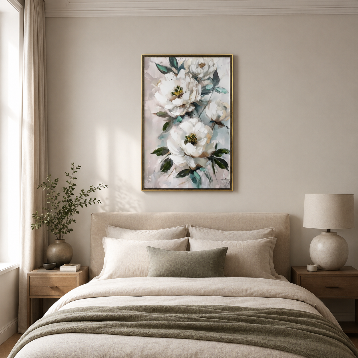 White Peony with Green Leaves