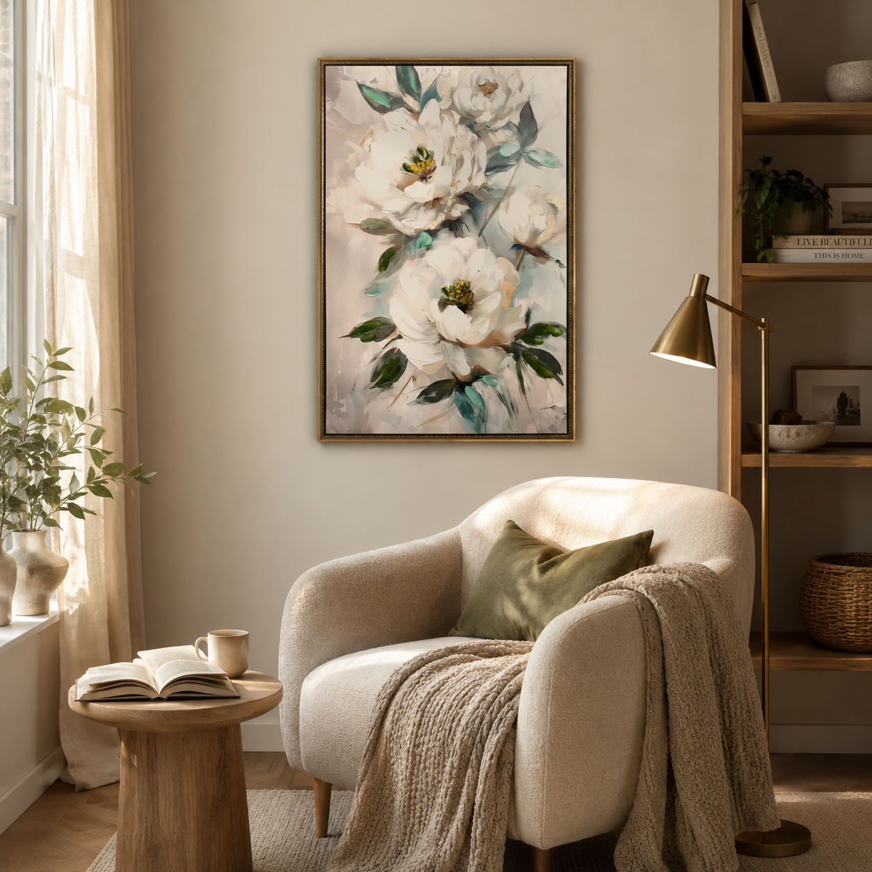 White Peony with Green Leaves