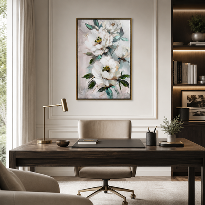 White Peony with Green Leaves
