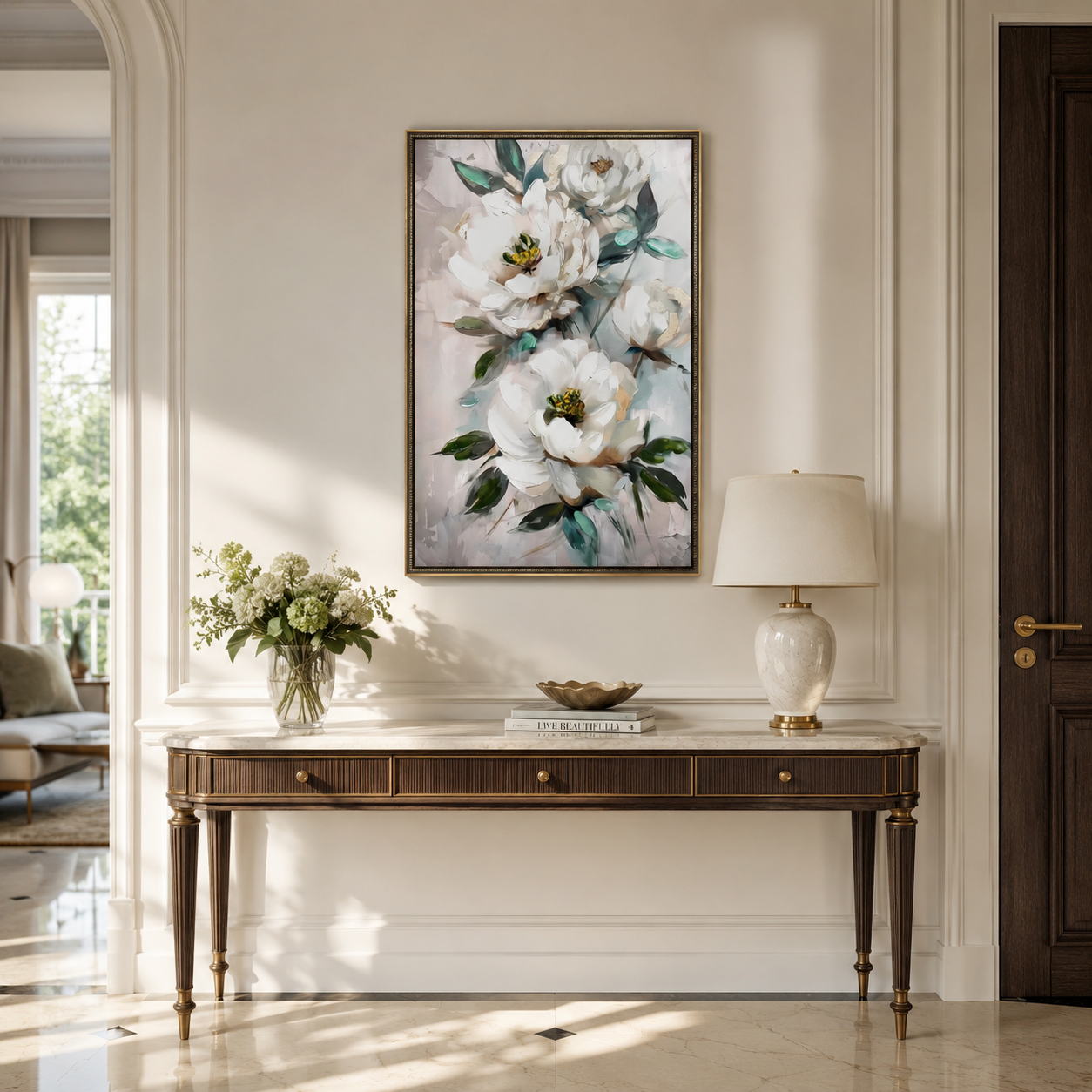 White Peony with Green Leaves