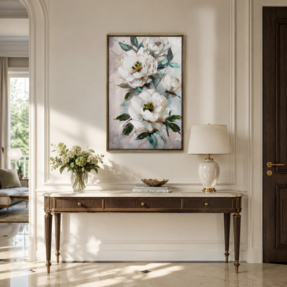 White Peony with Green Leaves