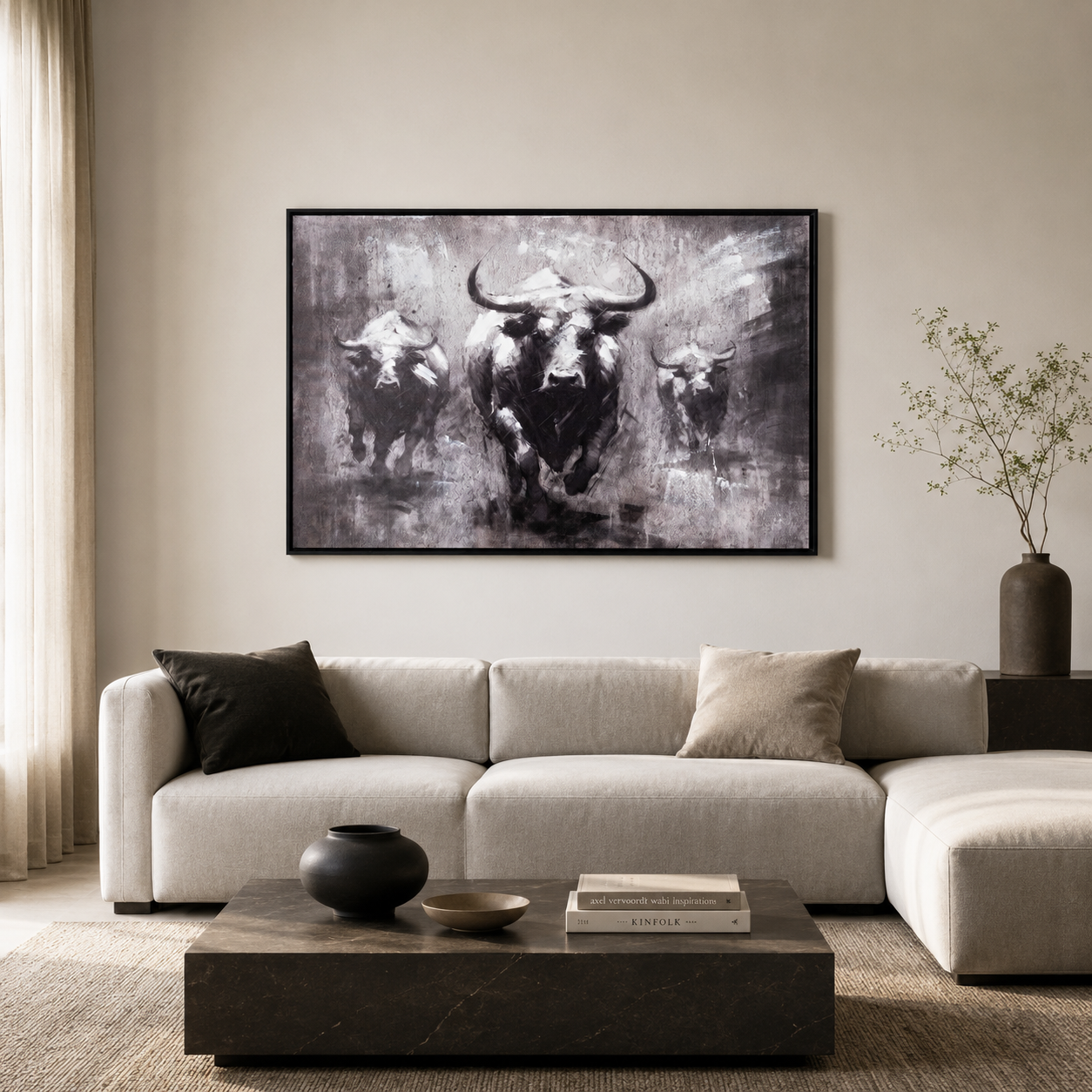 Black and White Running Bulls