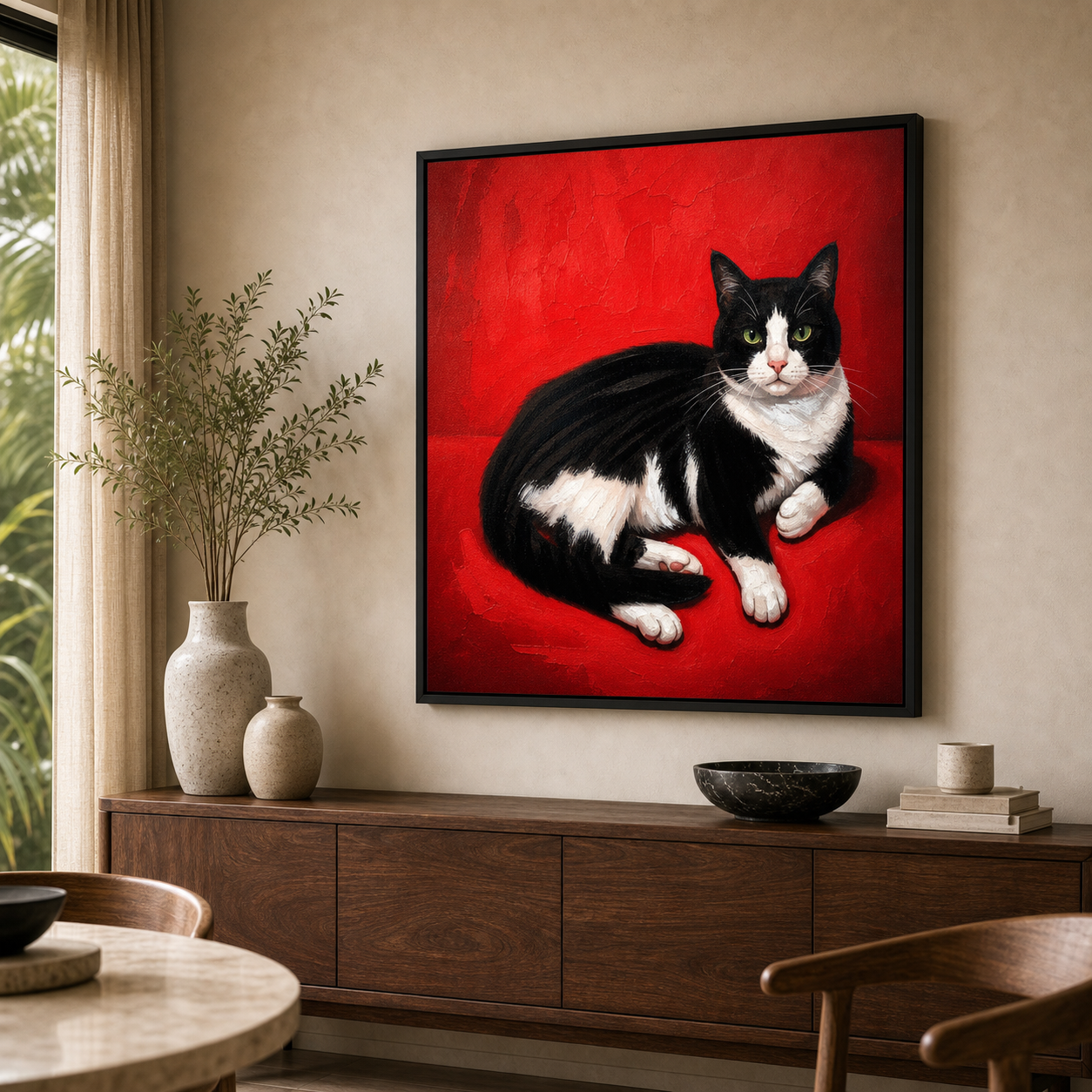 Black & White Tuxedo Cat on Red