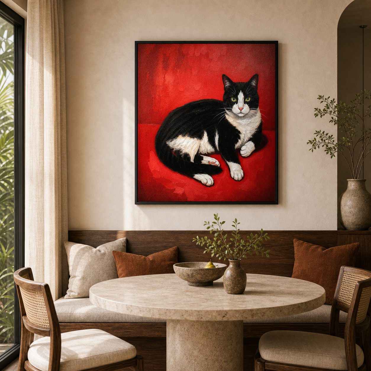 Black & White Tuxedo Cat on Red