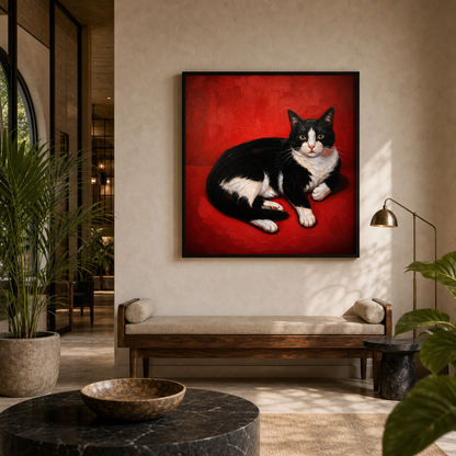 Black & White Tuxedo Cat on Red