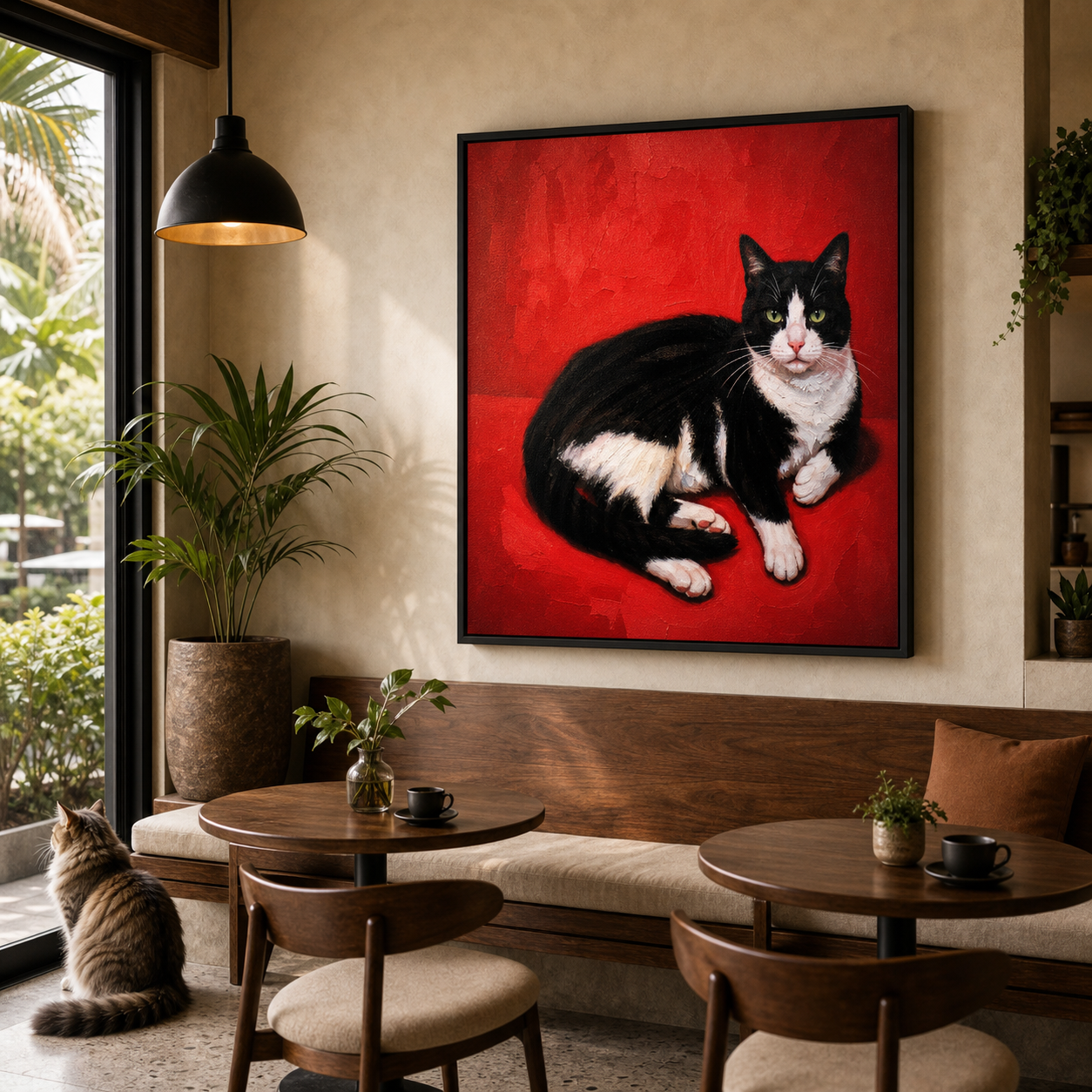 Black & White Tuxedo Cat on Red