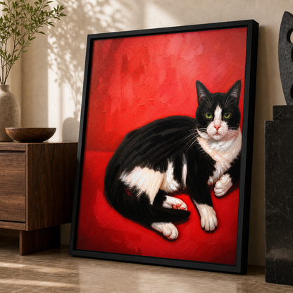 Black & White Tuxedo Cat on Red