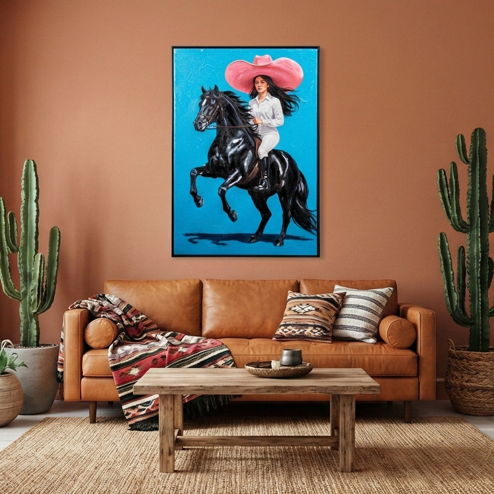 Modern Western Cowgirl Canvas Art - Hand-Embellished Black Horse & Pink Hat Print 80*120CM