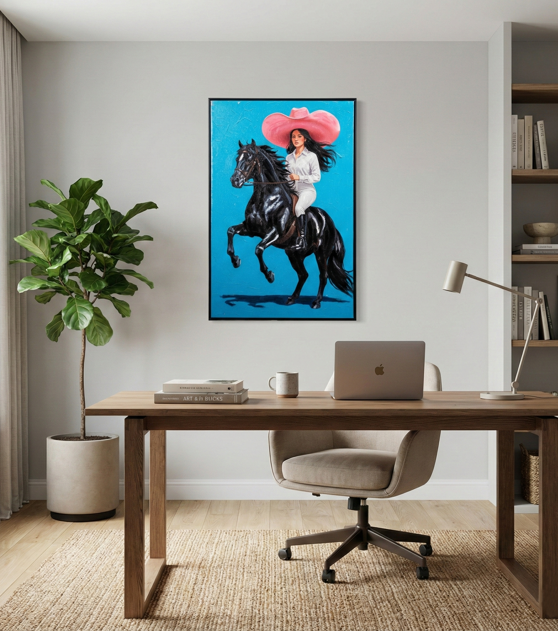 Modern Western Cowgirl Canvas Art - Hand-Embellished Black Horse & Pink Hat Print 80*120CM