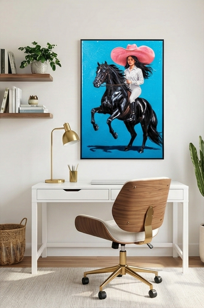 Modern Western Cowgirl Canvas Art - Hand-Embellished Black Horse & Pink Hat Print 80*120CM