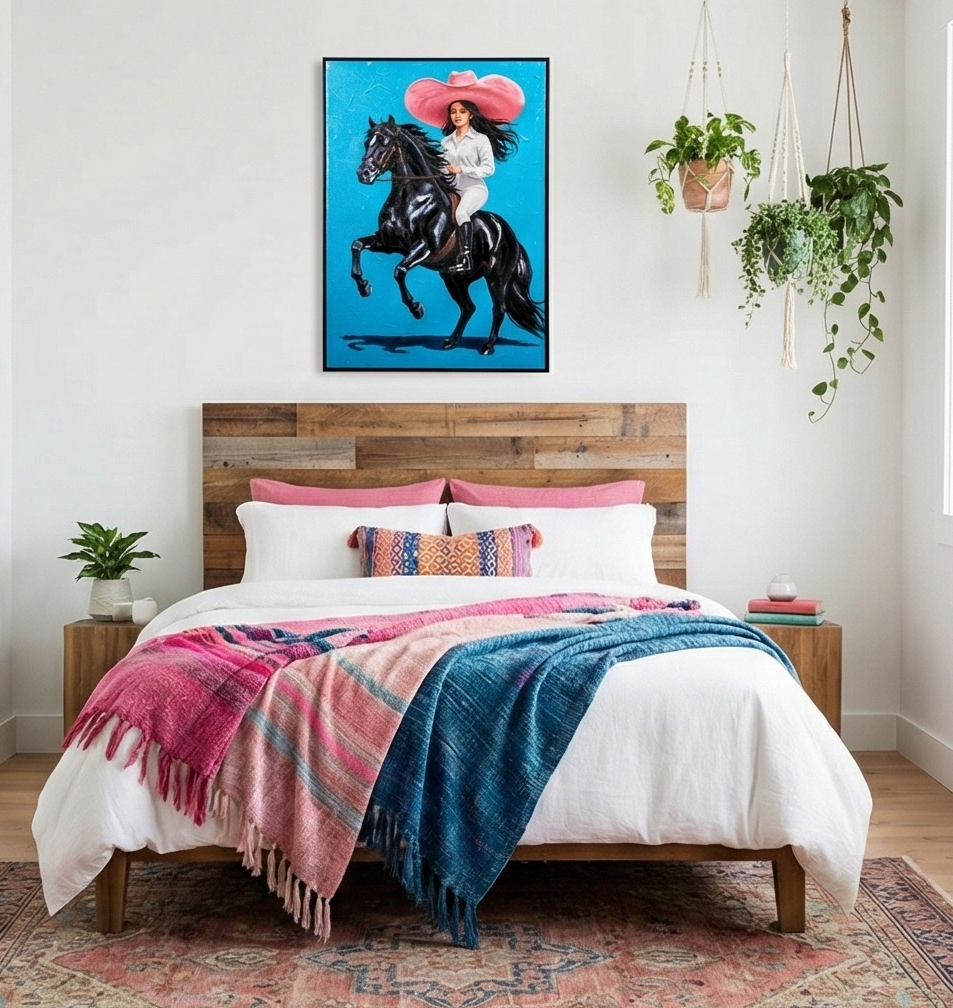 Modern Western Cowgirl Canvas Art - Hand-Embellished Black Horse & Pink Hat Print 80*120CM