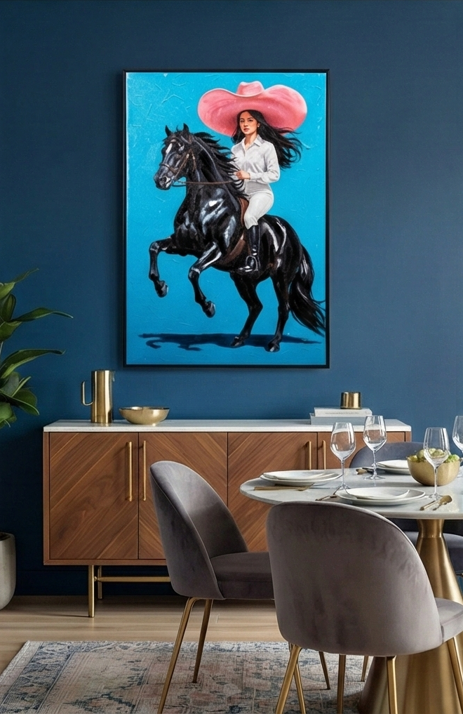Modern Western Cowgirl Canvas Art - Hand-Embellished Black Horse & Pink Hat Print 80*120CM