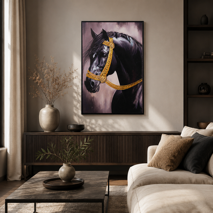 Majestic Black Stallion with Gold Bridle
