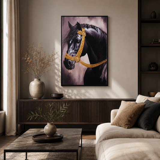 Majestic Black Stallion with Gold Bridle