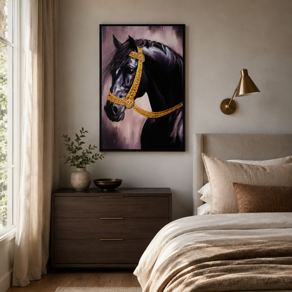 Majestic Black Stallion with Gold Bridle
