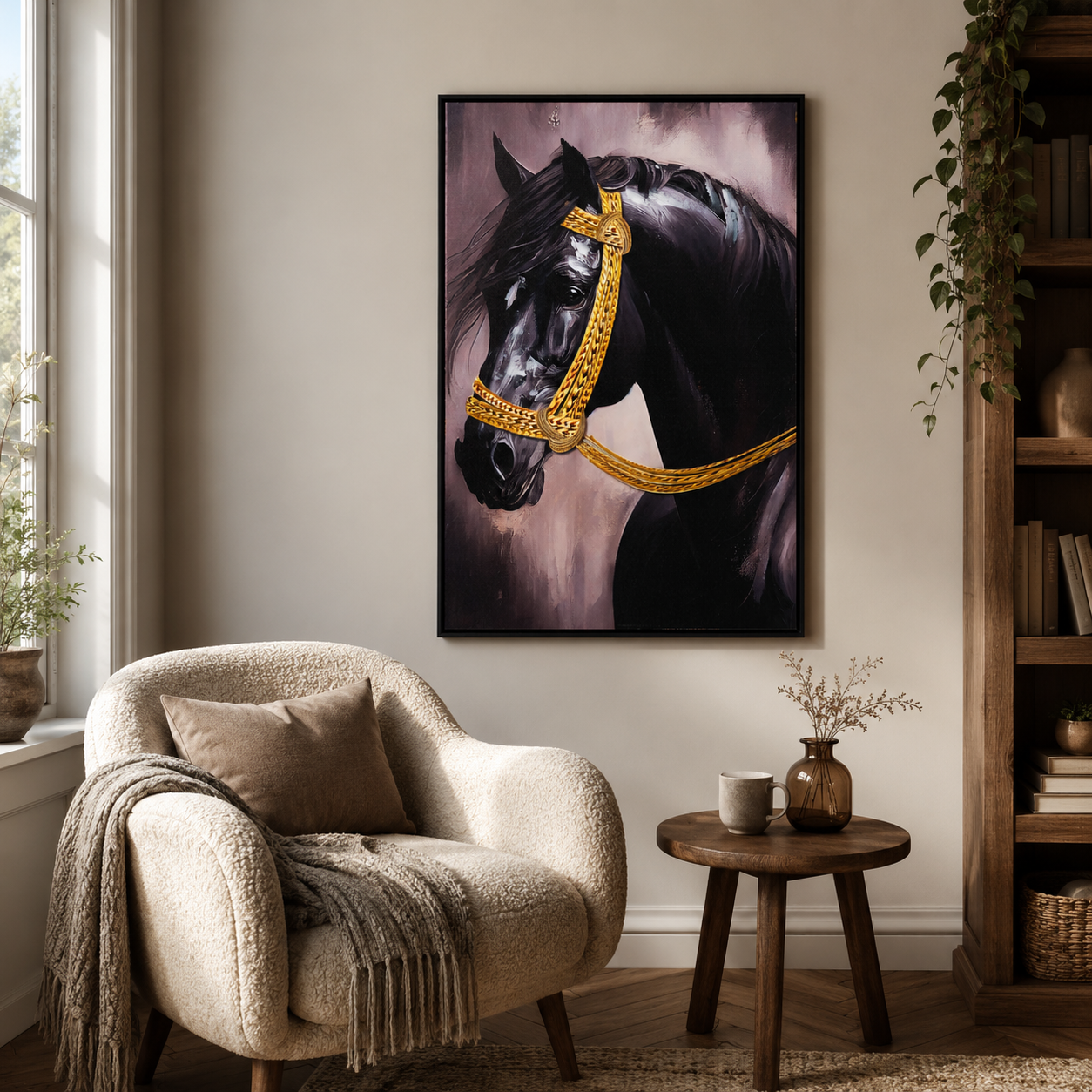Majestic Black Stallion with Gold Bridle