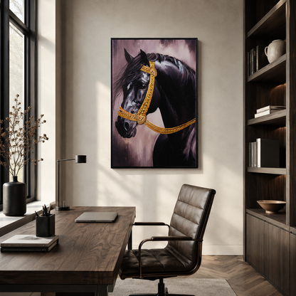 Majestic Black Stallion with Gold Bridle