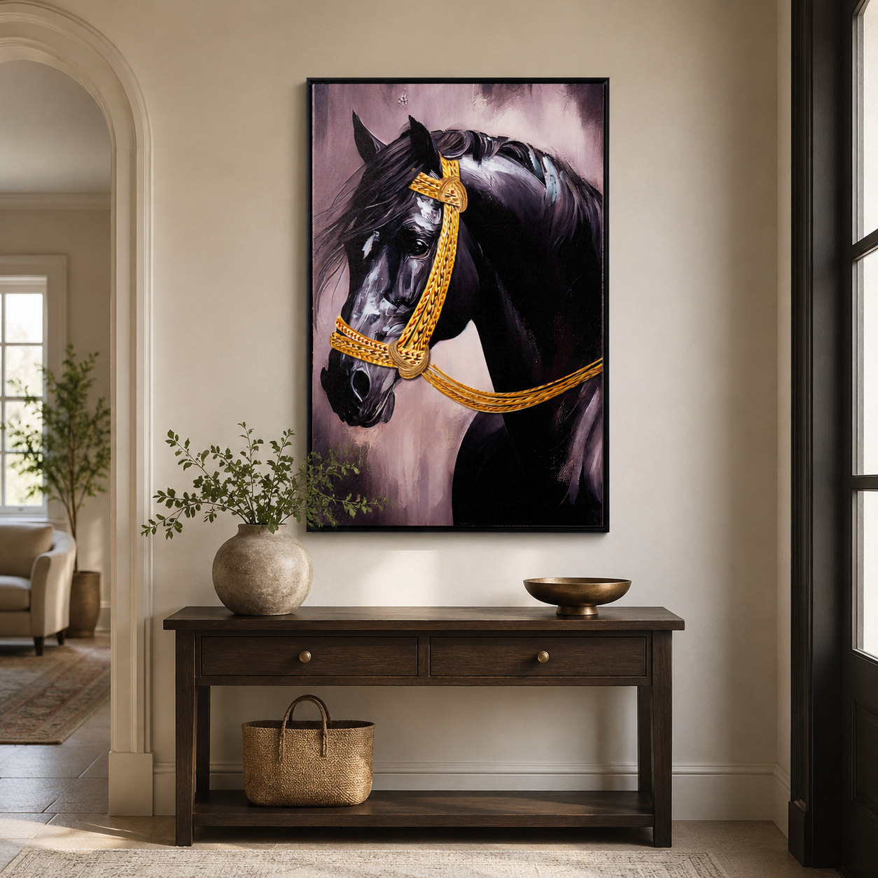 Majestic Black Stallion with Gold Bridle