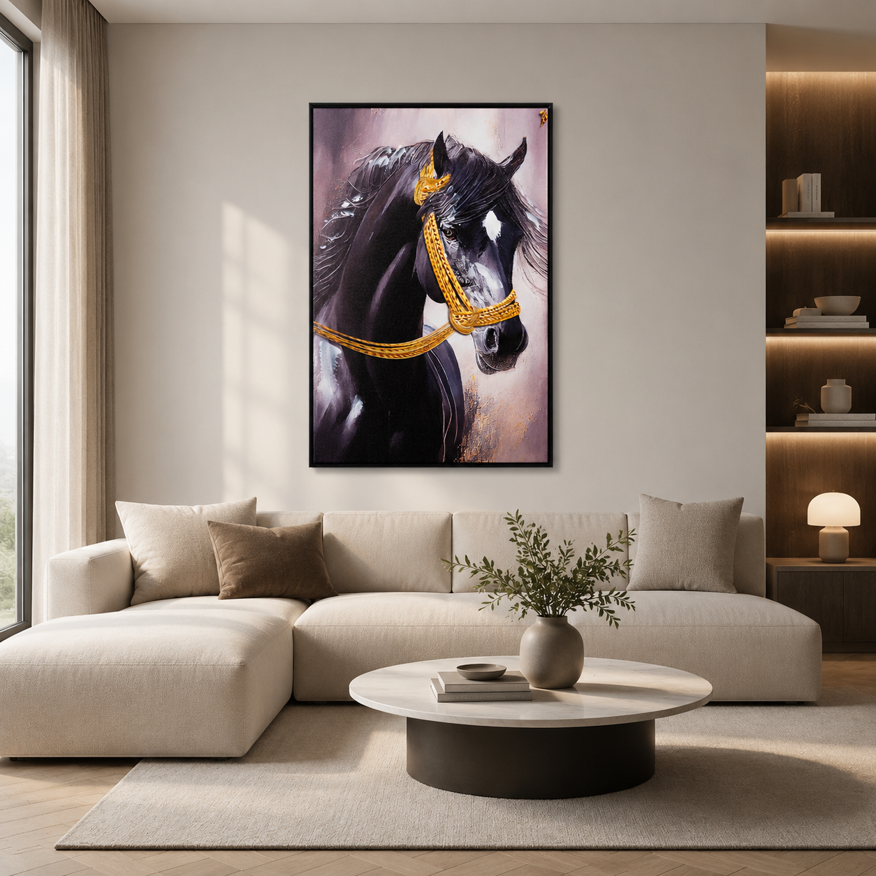 Majestic Black Stallion with Gold Bridle