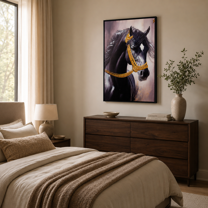 Majestic Black Stallion with Gold Bridle