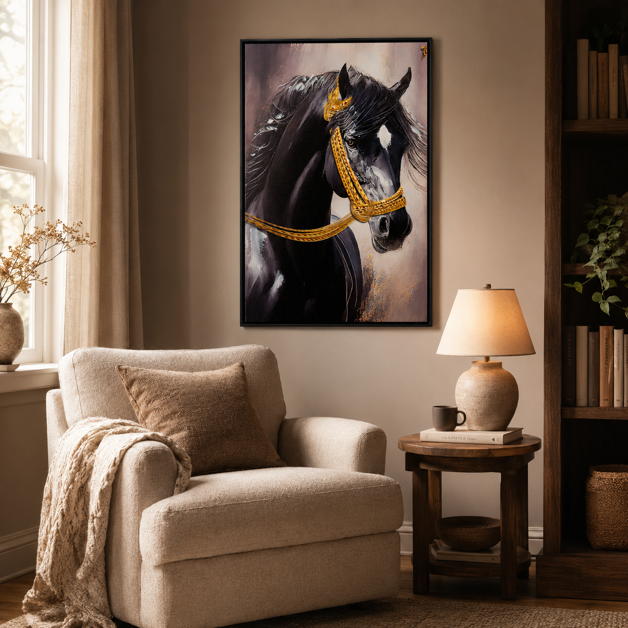 Majestic Black Stallion with Gold Bridle