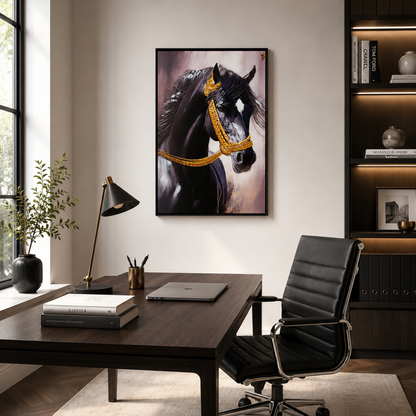 Majestic Black Stallion with Gold Bridle