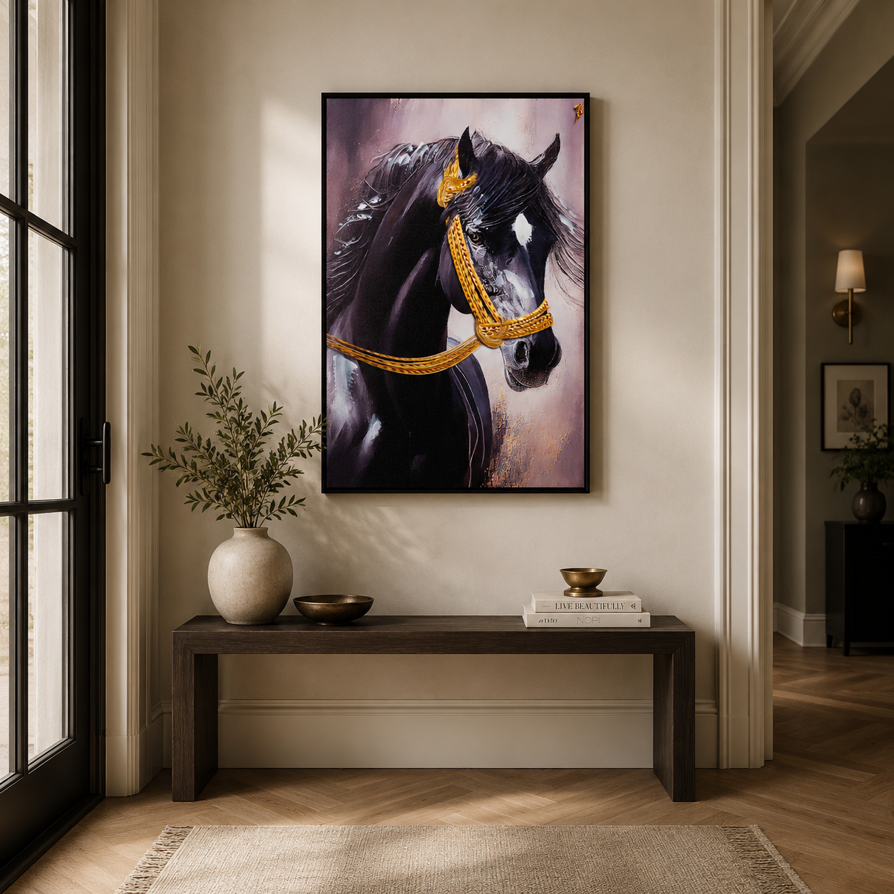 Majestic Black Stallion with Gold Bridle