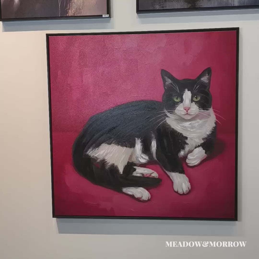 Large Cat Wall Art - Black & White Tuxedo Cat on Red - 100x100cm 3D Textured Frame