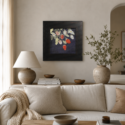 Red Fruit & White Flowers on Dark Background