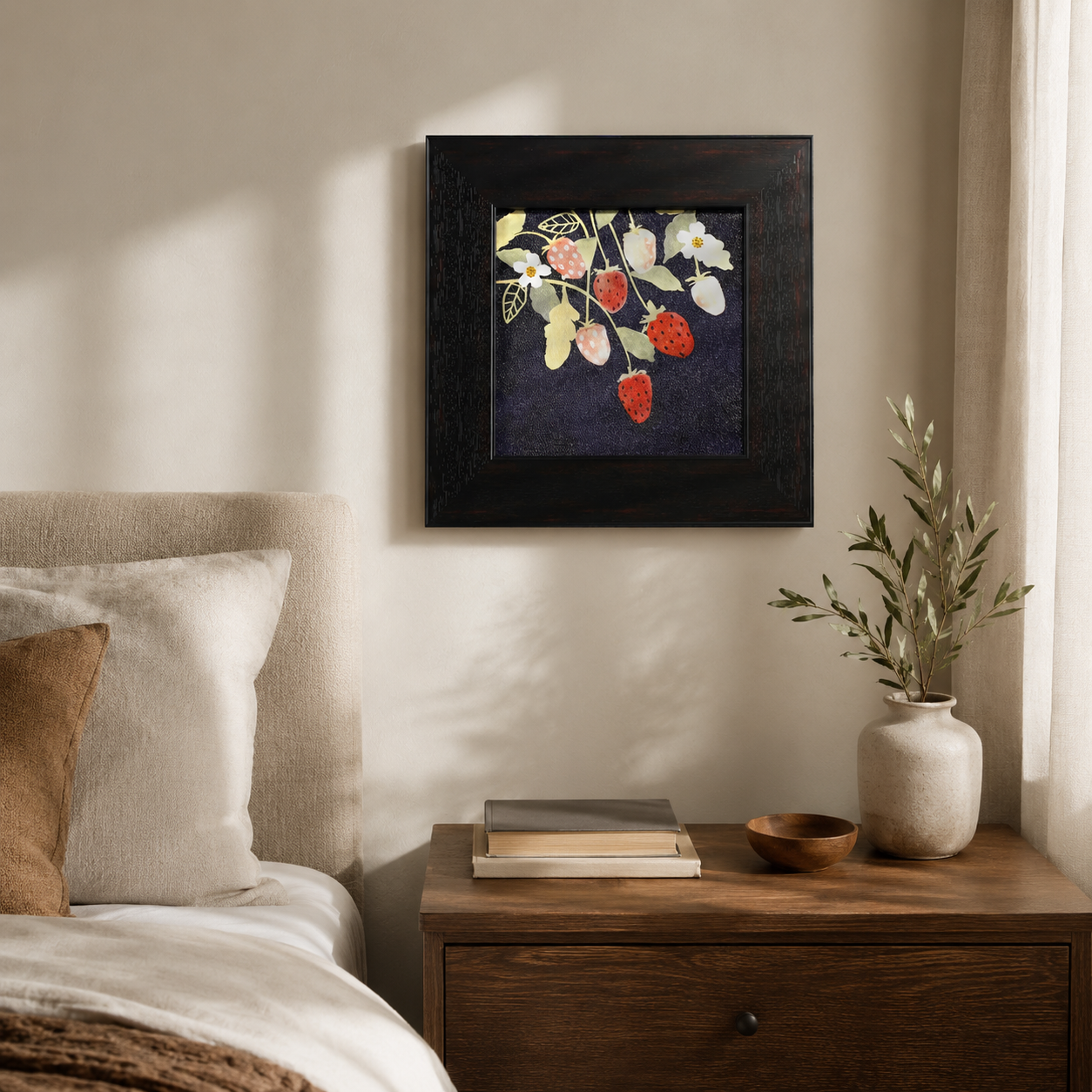 Red Fruit & White Flowers on Dark Background