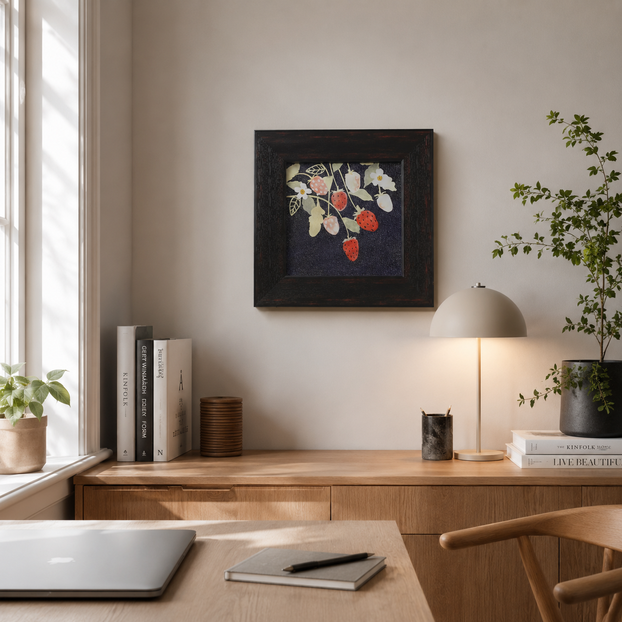 Red Fruit & White Flowers on Dark Background