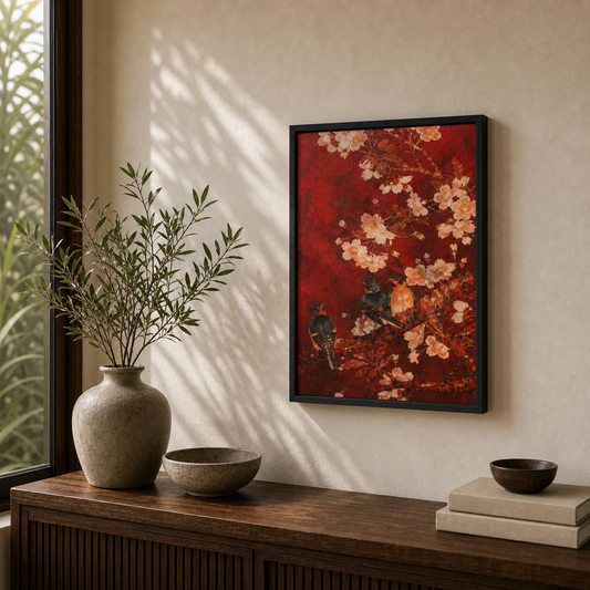 Vintage Chinoiserie Blossom Bird Impasto