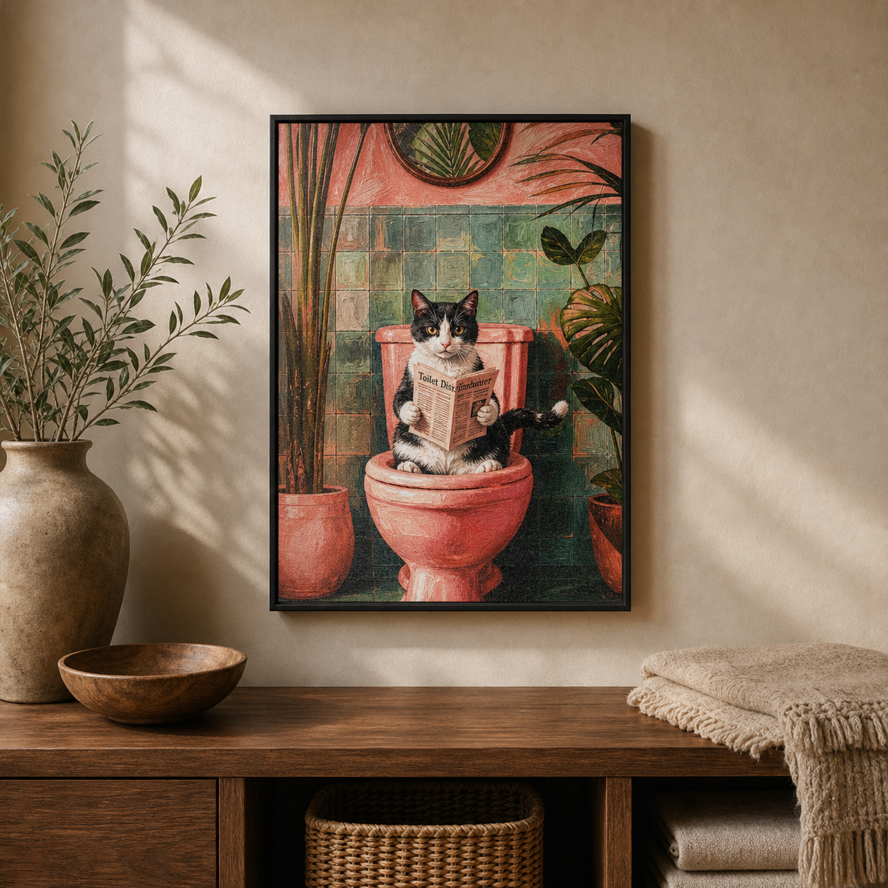 Vintage Bathroom Cat Reading Newspaper