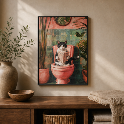 Vintage Bathroom Cat Reading Newspaper