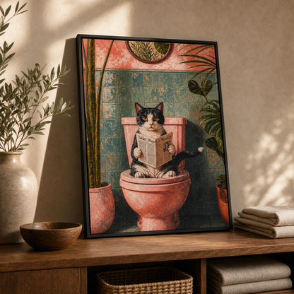 Vintage Bathroom Cat Reading Newspaper